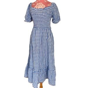 NWT Women’s Gaovot Blue Gingham Plaid Milk Maid Large Open Back Tie Midi Dress